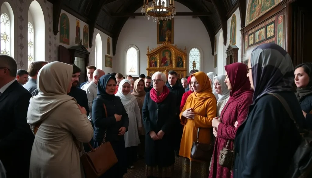 Visitors respectfully observing local customs at a traditional Russian Orthodox church in Primorsky Krai Visitors respectfully observing local customs at a traditional Russian Orthodox church in Primorsky Krai