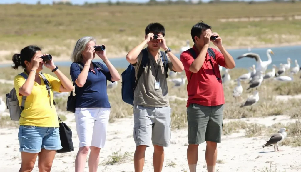 Visitors respectfully observing wildlife from a safe distance on Raccoon Island Visitors respectfully observing wildlife from a safe distance on Raccoon Island