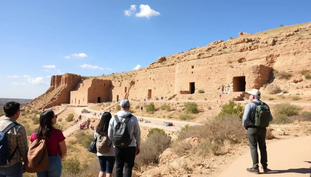 Visitors respectfully viewing Tuzigoot National Monument Arizona ruins from designated pathways