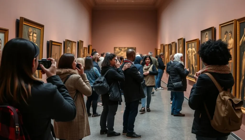 Visitors respectfully viewing exhibits at a Weimar museum