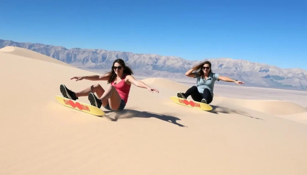 Visitors sandboarding down the dunes at Great Sand Dunes National Park Visitors sandboarding down the dunes at Great Sand Dunes National Park