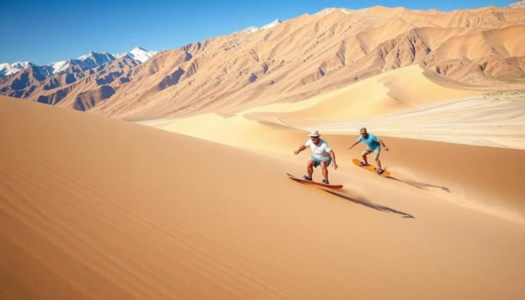 Visitors sandboarding down the tall dunes with mountains in background