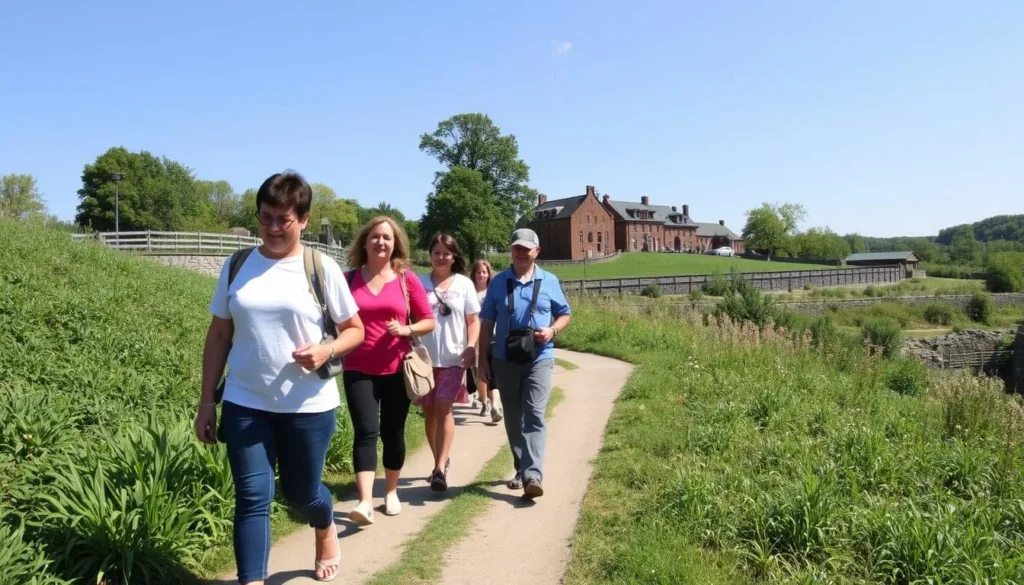 Visitors walking along a scenic path at Washington Crossing Historic Park