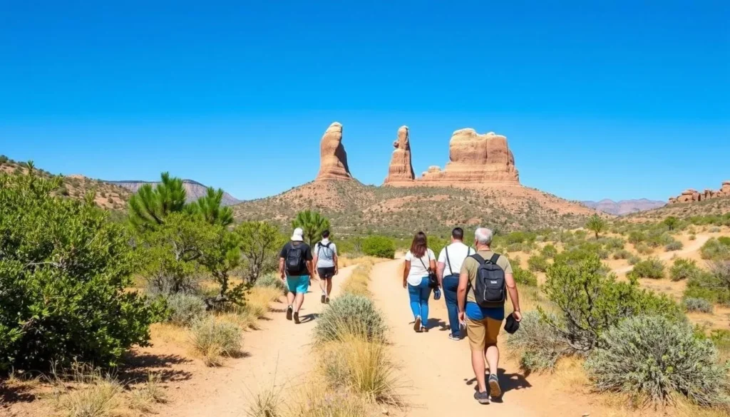 Visitors walking along the trail to the Great House Pueblo at Chimney Rock National Monument Visitors walking along the trail to the Great House Pueblo at Chimney Rock National Monument