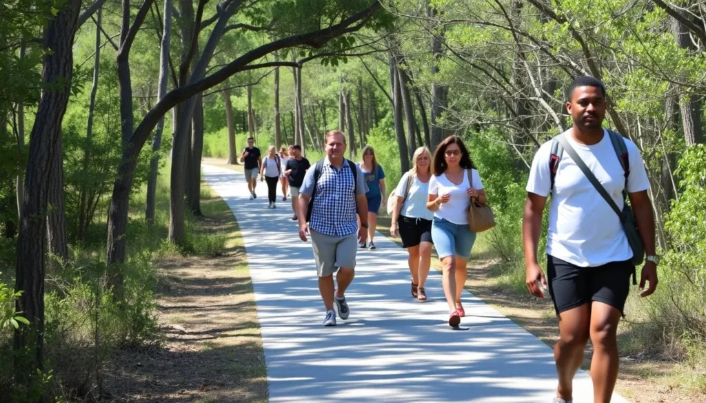 Visitors walking on a well-maintained trail at William W. Powers State Park