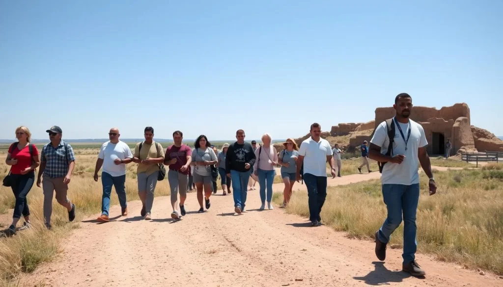 Visitors walking on the Fort Union ruins trail with adobe walls visible