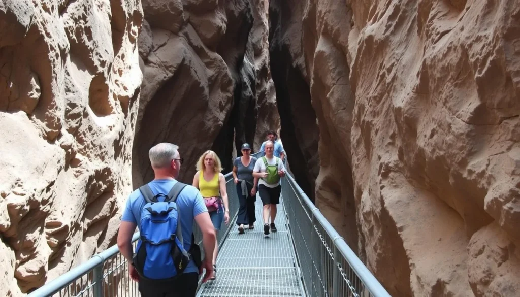 Visitors walking on the metal walkway inside Box Canyon Falls Park Visitors walking on the metal walkway inside Box Canyon Falls Park