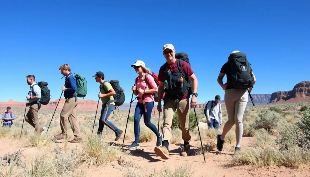 Visitors with backpacks hiking at Hovenweep National Monument