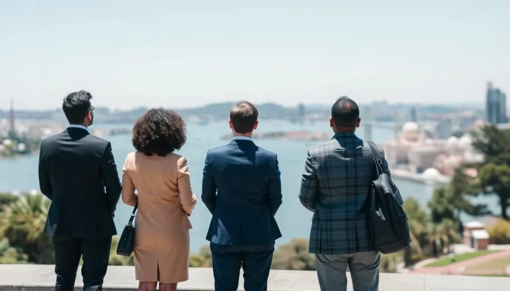 Visitors with binoculars enjoying views from Yerba Buena Island