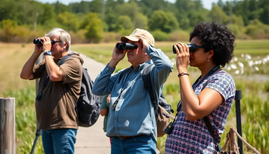 Visitors with binoculars observing birds from a safe distance at Rockefeller Wildlife Refuge