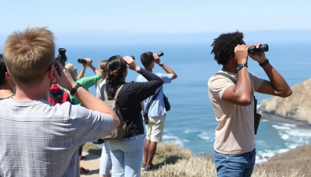 Visitors with binoculars whale watching from the bluffs at Schooner Gulch State Beach California Visitors with binoculars whale watching from the bluffs at Schooner Gulch State Beach California