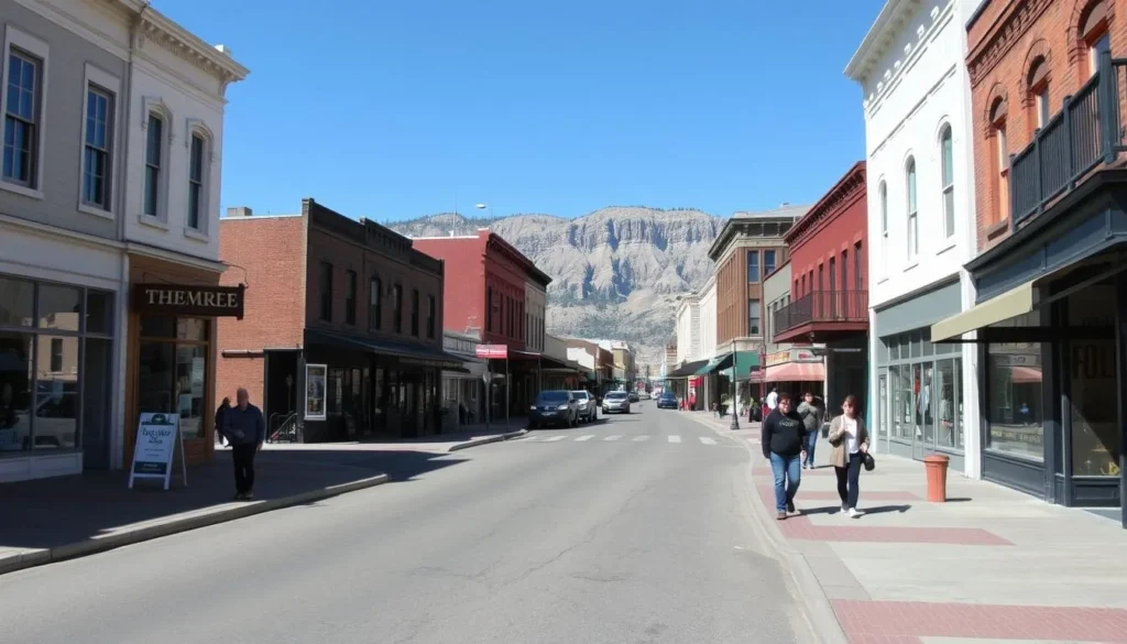 Walkable main street of Eureka, Nevada with historic buildings and pedestrians Walkable main street of Eureka, Nevada with historic buildings and pedestrians