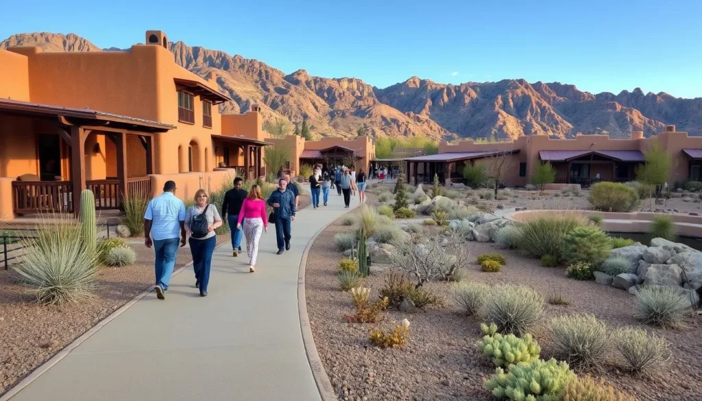 Walking path connecting different areas of Ojo Caliente resort with adobe buildings and desert landscaping Walking path connecting different areas of Ojo Caliente resort with adobe buildings and desert landscaping