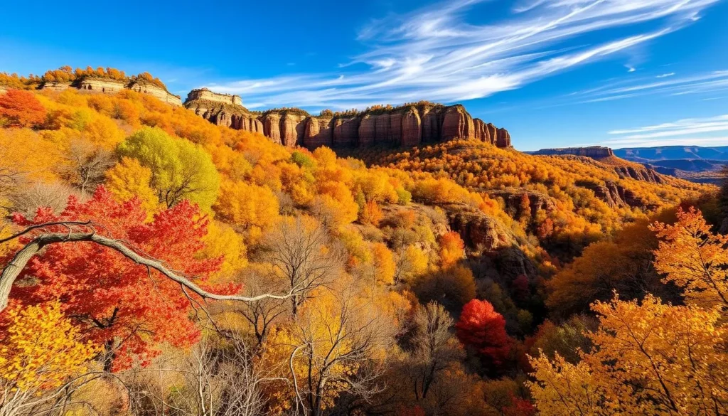 Walnut Canyon National Monument in autumn with colorful foliage and clear blue skies