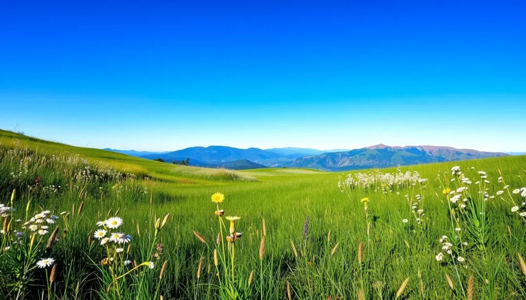 Ward Creek meadow in summer with wildflowers blooming and clear skies