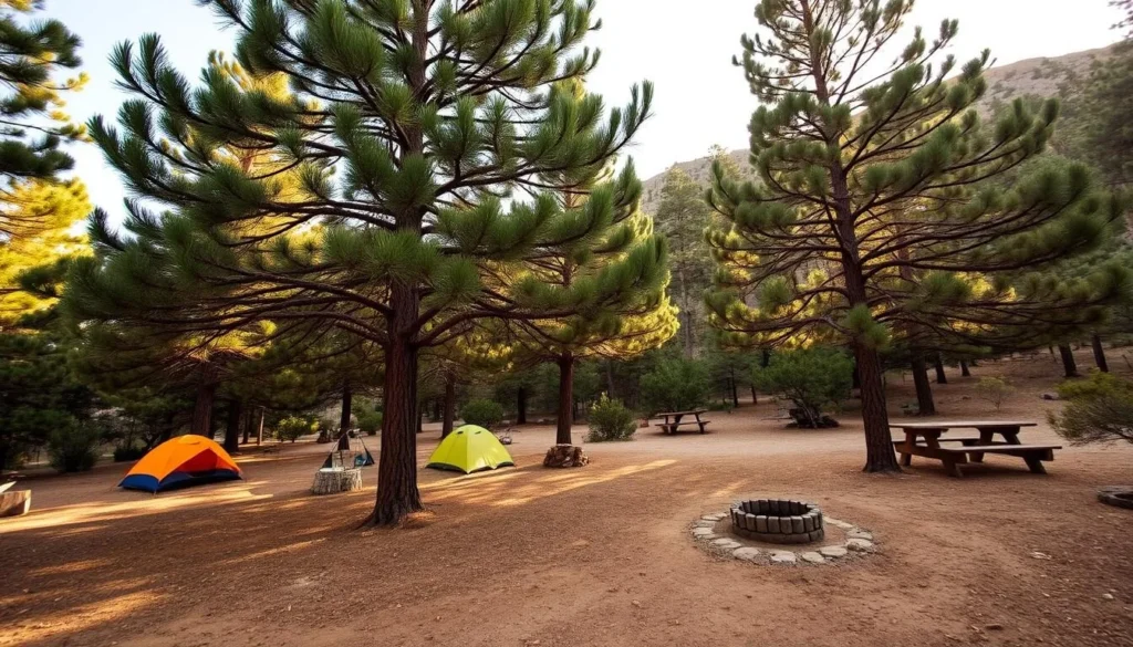 Water Canyon Campground in the Magdalena Mountains with tents set up among pine trees Water Canyon Campground in the Magdalena Mountains with tents set up among pine trees
