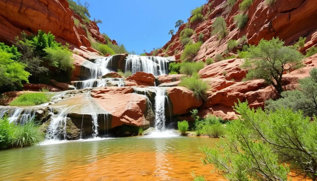 Waterfall cascading over red rocks in Big Dominguez Canyon Waterfall cascading over red rocks in Big Dominguez Canyon