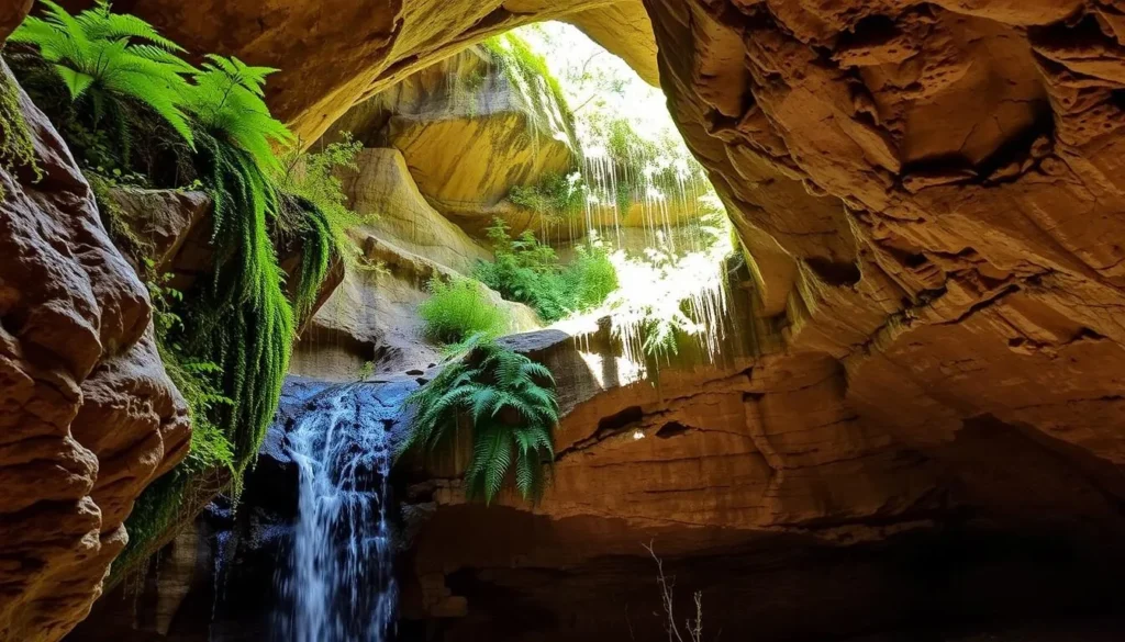 Waterfall cave at Tonto Natural Bridge State Park Arizona with ferns and greenery Waterfall cave at Tonto Natural Bridge State Park Arizona with ferns and greenery