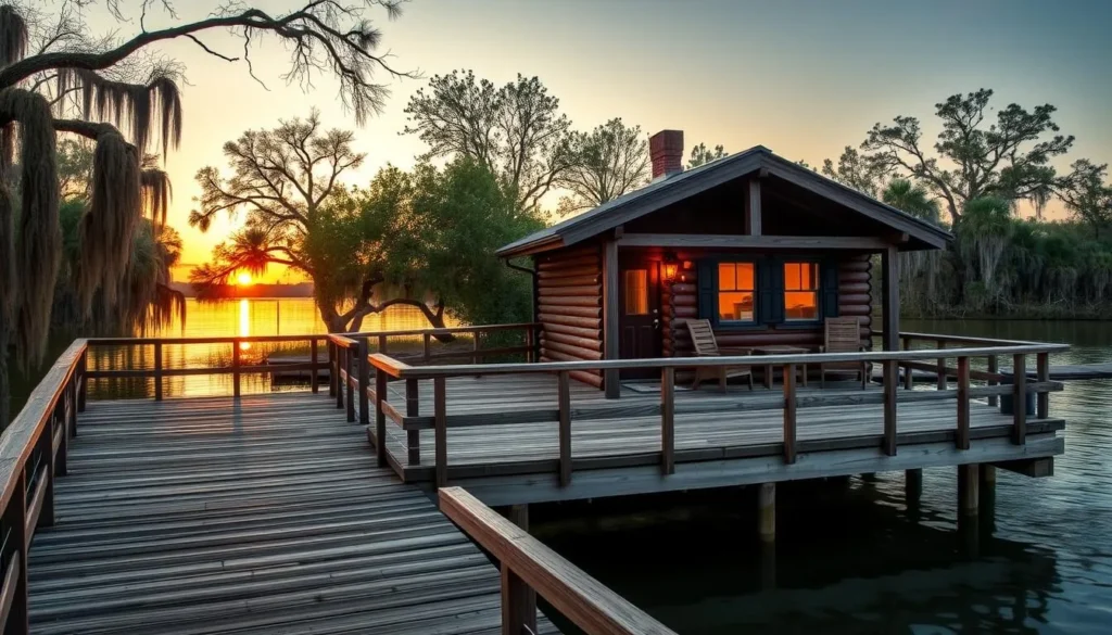Waterfront cabin at Lake Fausse Pointe State Park with deck overlooking the bayou at sunset