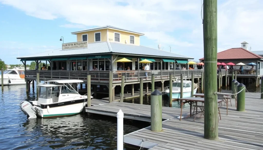 Waterfront restaurant on False River with outdoor dining deck and boats docked nearby Waterfront restaurant on False River with outdoor dining deck and boats docked nearby