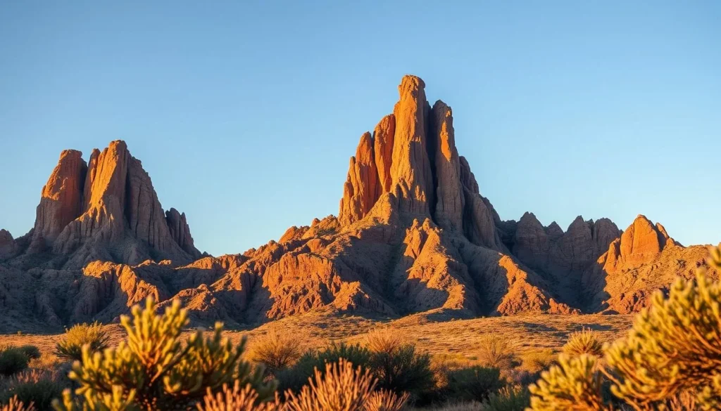 Weaver's Needle rock formation in the Superstition Mountains with dramatic lighting