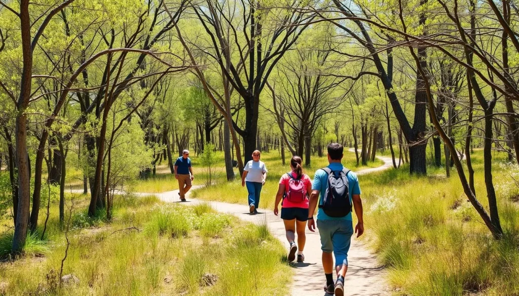 Well-maintained hiking trail through the cottonwood forest at Patagonia-Sonoita Creek Preserve with diverse visitors walking