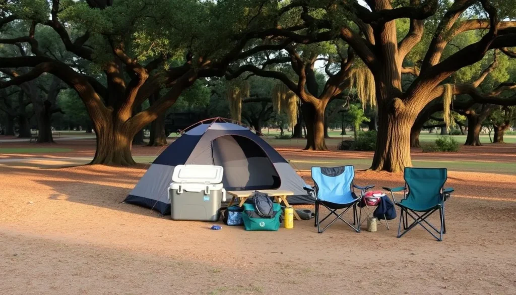 Well-prepared campsite at Woodson Bridge State Recreation Area with camping gear organized under oak trees
