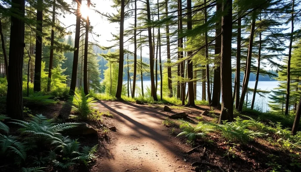Whipple Lake Trail through forest with sunlight filtering through trees