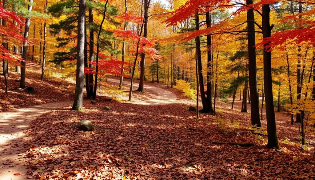 White Pines Forest in autumn with colorful fall foliage and pine trees along a hiking trail White Pines Forest in autumn with colorful fall foliage and pine trees along a hiking trail