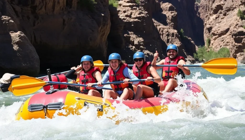 Whitewater rafting adventure on the Cache la Poudre River with excited participants navigating rapids Whitewater rafting adventure on the Cache la Poudre River with excited participants navigating rapids