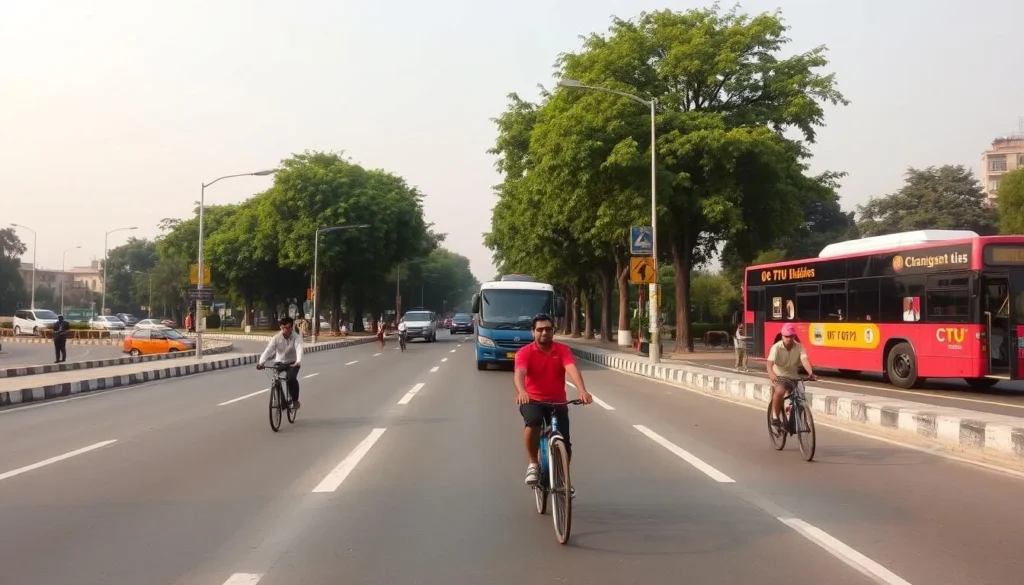 Wide, clean roads of Chandigarh with cyclists and local buses