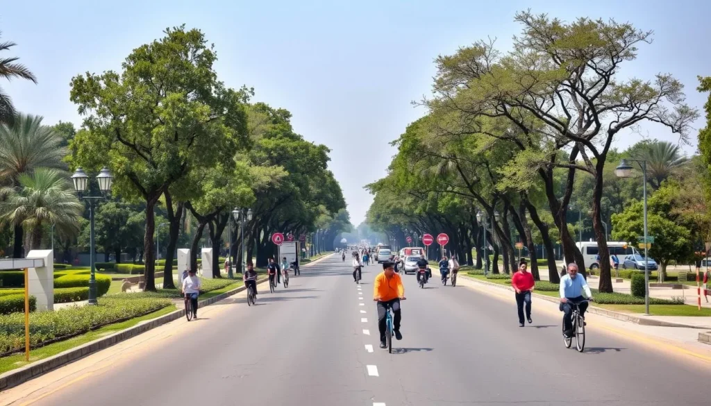 Wide, tree-lined avenue in Chandigarh with pedestrians and cyclists enjoying the well-planned urban space Wide, tree-lined avenue in Chandigarh with pedestrians and cyclists enjoying the well-planned urban space