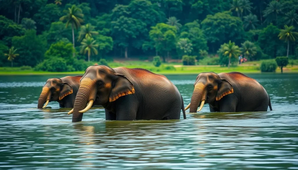 Wild elephants bathing in Periyar Lake with lush forest background