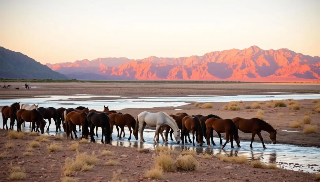 Wild horses drinking from Salt River with mountains in background during golden hour