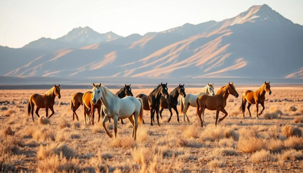 Wild horses roaming freely on De Beque Plateau with scenic mountain backdrop