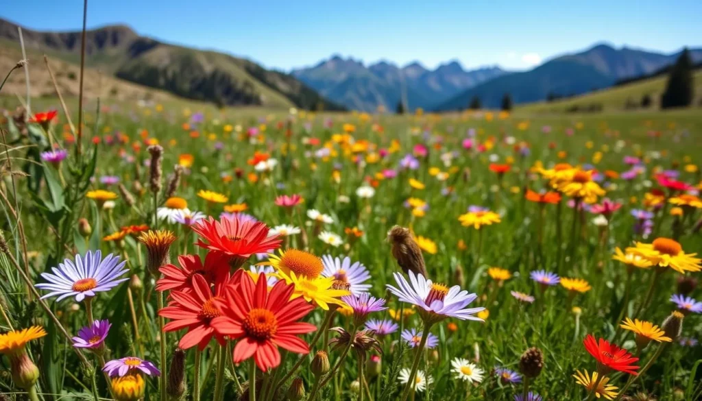 Wildflowers blooming in a meadow in Valle Vidal with mountains in background Wildflowers blooming in a meadow in Valle Vidal with mountains in background