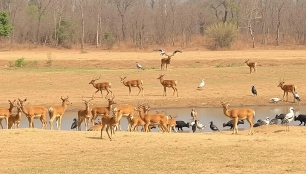 Wildlife gathered around a water body in Pench National Park during summer