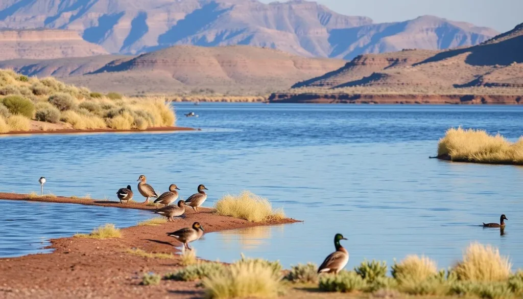 Wildlife viewing area at Highline Lake State Park with waterfowl