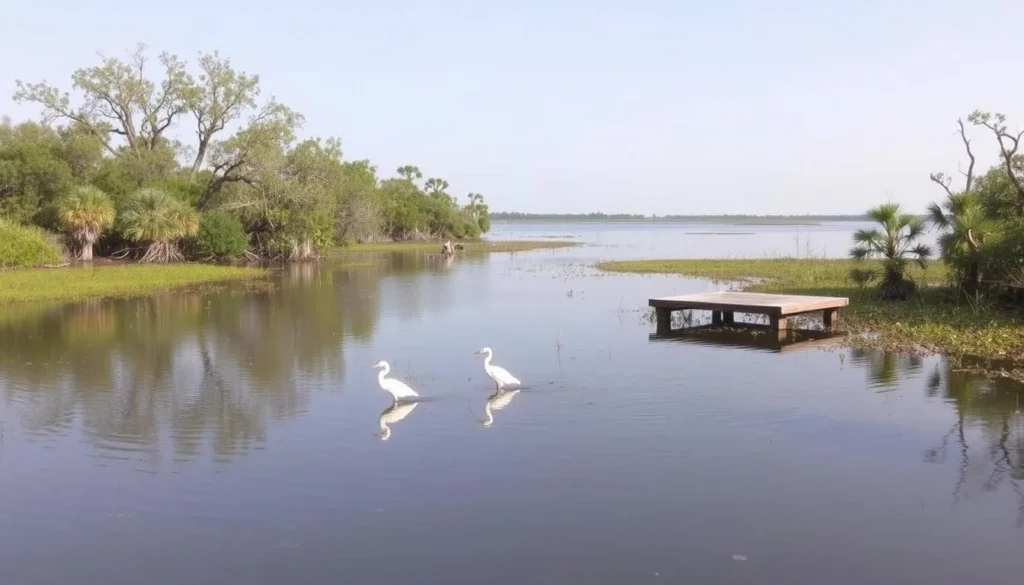 Wildlife viewing area at Palmetto Island State Park Louisiana overlooking a lagoon with birds Wildlife viewing area at Palmetto Island State Park Louisiana overlooking a lagoon with birds