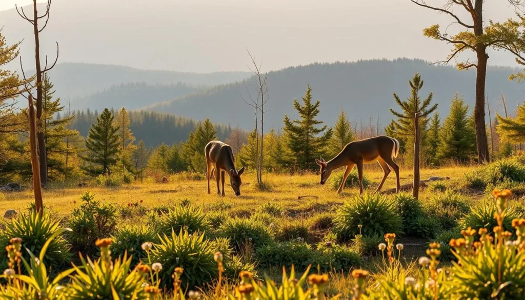 Wildlife viewing area on Wills Mountain with deer in natural habitat
