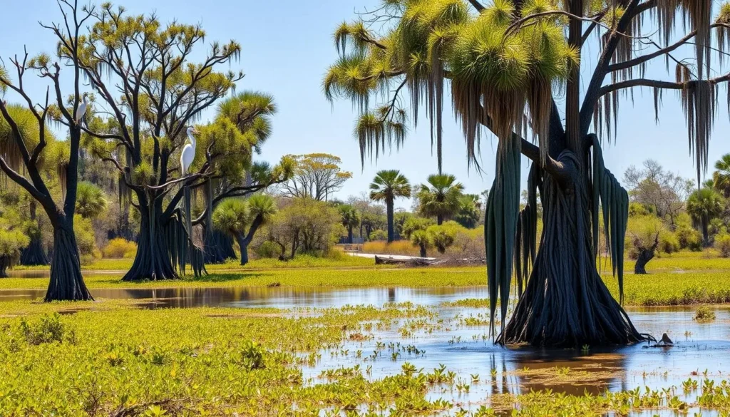 Wildlife viewing at Barataria Preserve with birds in cypress trees