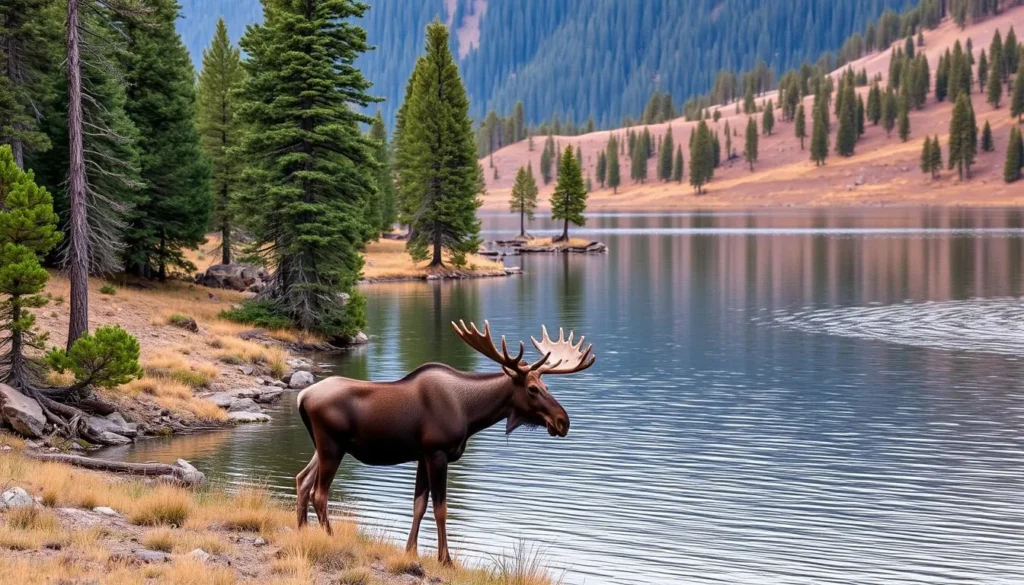 Wildlife viewing at Grand Mesa - moose near an alpine lake Wildlife viewing at Grand Mesa - moose near an alpine lake