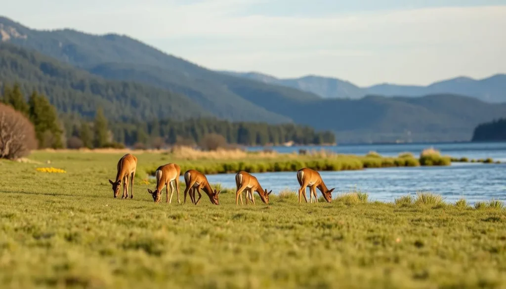 Wildlife viewing at Green Mountain Reservoir with deer grazing near shoreline Wildlife viewing at Green Mountain Reservoir with deer grazing near shoreline