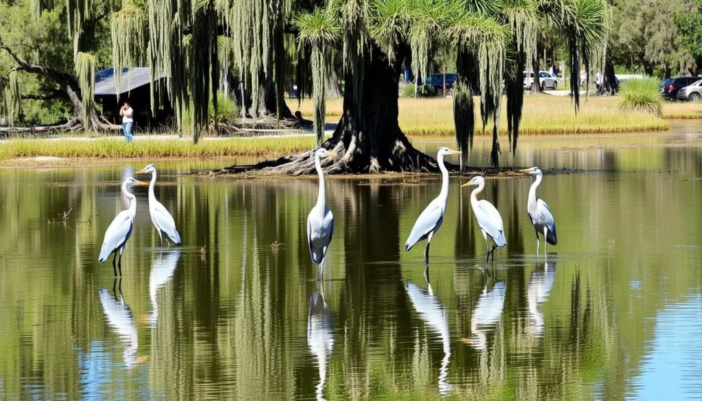 Wildlife viewing at Mandalay National Wildlife Refuge with herons and cypress trees