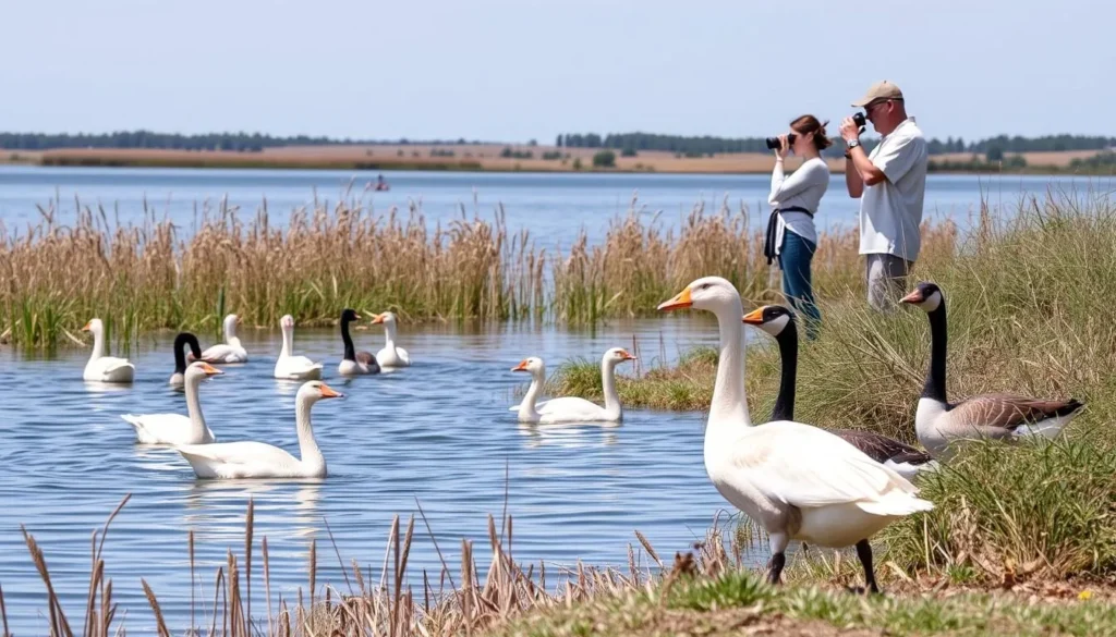 Wildlife viewing at Powerton Lake with waterfowl in their natural habitat