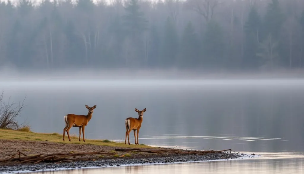 Wildlife viewing at Sangchris Lake with deer visible near the shoreline Wildlife viewing at Sangchris Lake with deer visible near the shoreline