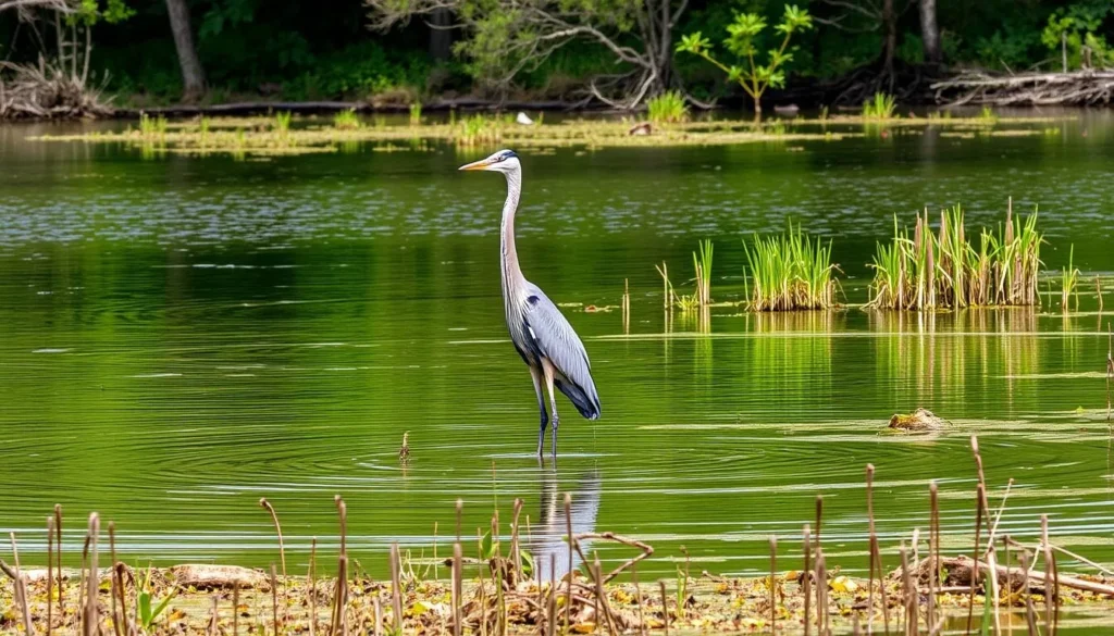 Wildlife viewing at Weldon Springs State Park with a great blue heron