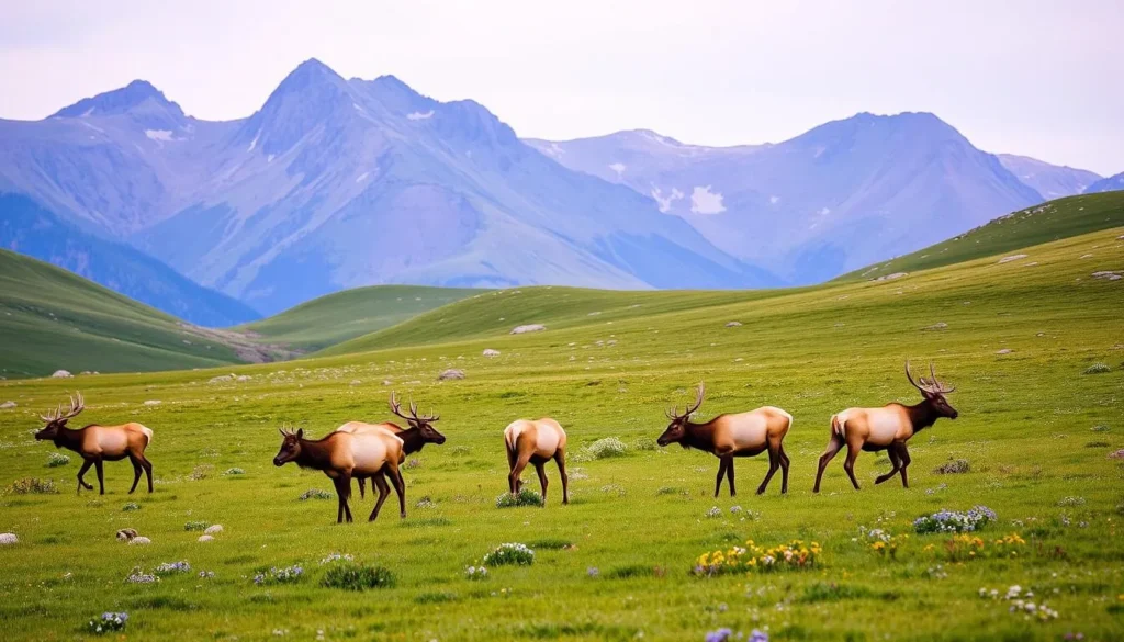 Wildlife viewing in Flat Tops Wilderness Colorado with elk herd in alpine meadow