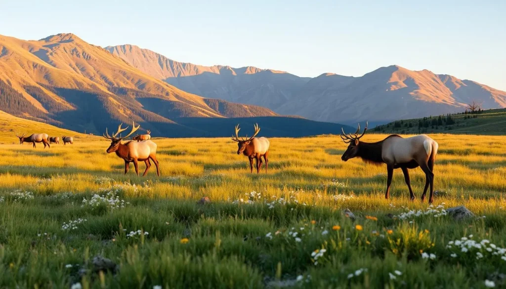 Wildlife viewing in the Elk Mountains Colorado with elk grazing in a mountain meadow Wildlife viewing in the Elk Mountains Colorado with elk grazing in a mountain meadow