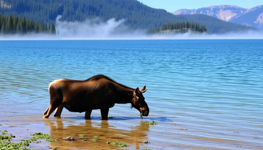 Wildlife viewing near Bird Island with moose wading in shallow water of Shadow Mountain Lake Wildlife viewing near Bird Island with moose wading in shallow water of Shadow Mountain Lake